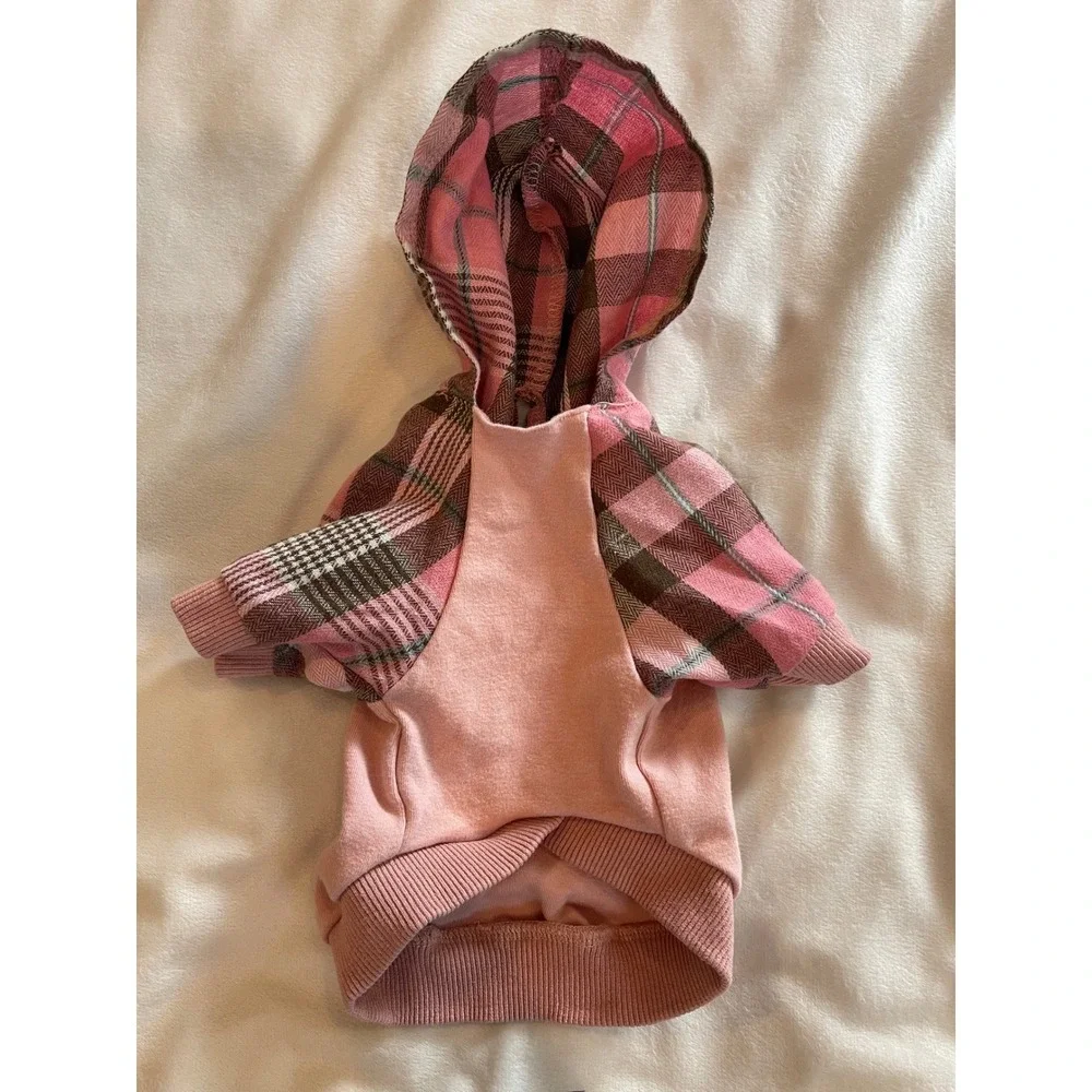 Fitwarm Pets Pink Plaid Dog Hoodie Small Puppy Sweatshirt with Leash Hole - Picture 8 of 8